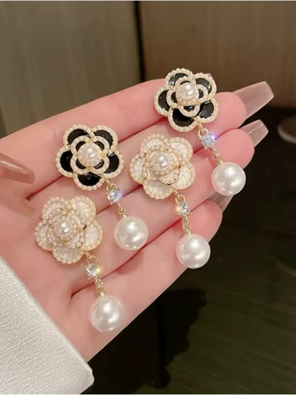 Gold Floral Pearl Drop Earrings in Black and White - Women Jewelry